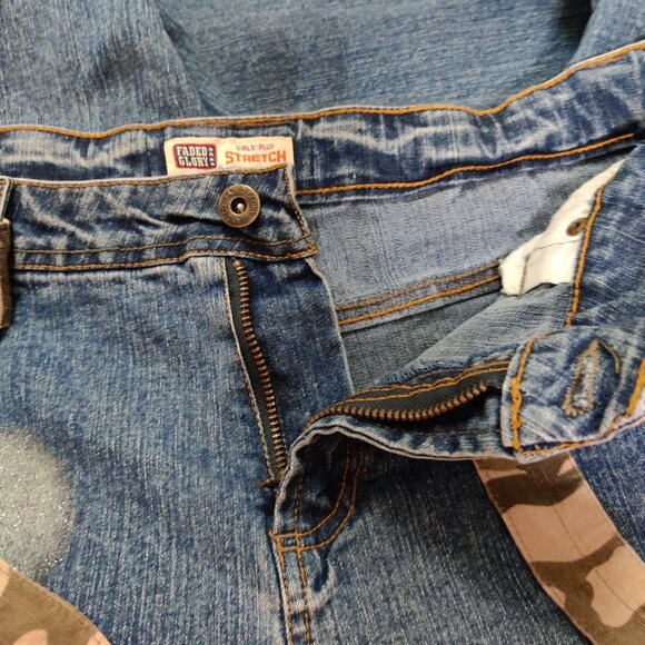 Vintage Faded Glory Girls Plus Jeans Flare Leg Camo Patch y2K Denim Blue Sz 16.5 - Picture 6 of 11